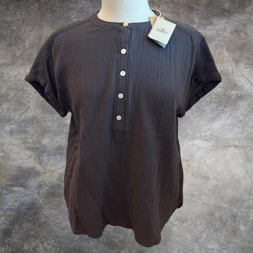 Faherty Dream Cotton Gauze Desmond Top Washed Black Women's Small Sustainable